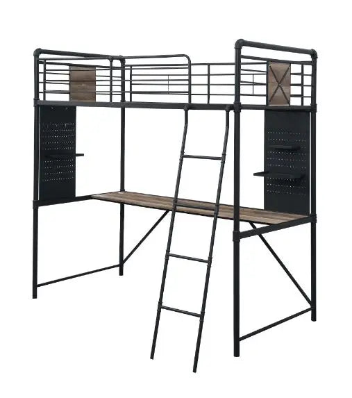 Rosemary Twin Loft Bed w/Desk, Antique Oak, Black & Dark Bronze Hand-Brushed Finish iHome Studio