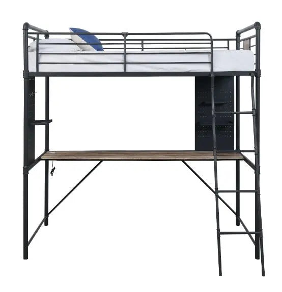 Rosemary Twin Loft Bed w/Desk, Antique Oak, Black & Dark Bronze Hand-Brushed Finish iHome Studio