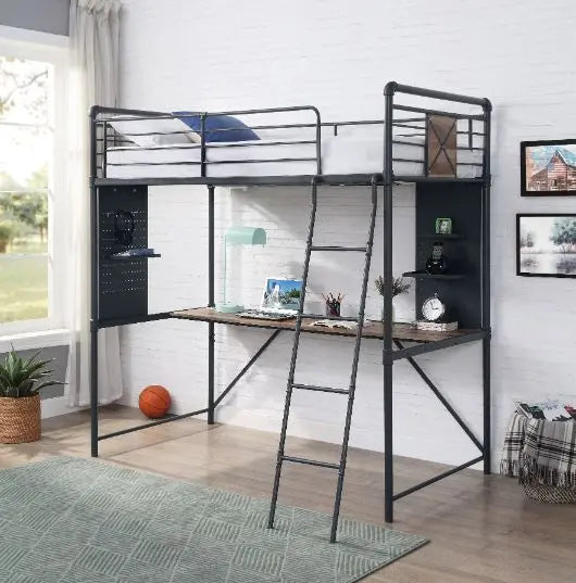 Rosemary Twin Loft Bed w/Desk, Antique Oak, Black & Dark Bronze Hand-Brushed Finish iHome Studio