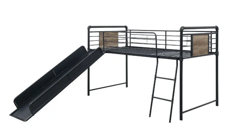 Rosemary Twin Loft Bed w/Slide, Antique Oak, Black & Dark Bronze Hand-Brushed Finish iHome Studio