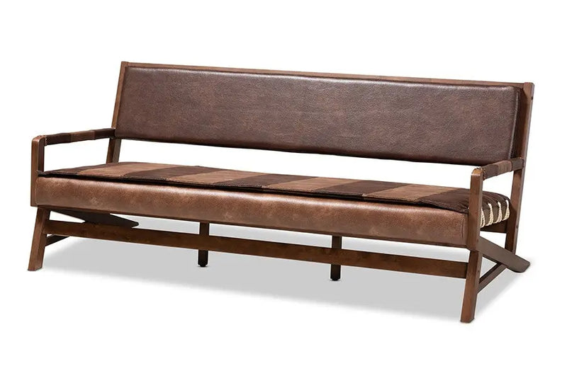 Rovelyn Brown Faux Leather Upholstered Walnut Finished Wood Sofa iHome Studio