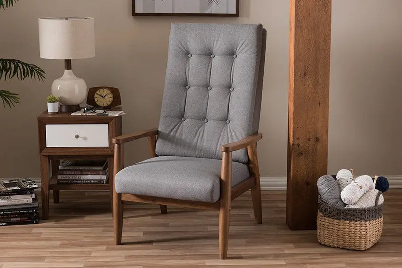 Roxy Walnut Brown Finish Wood and Grey Fabric Upholstered Button-Tufted High-Back Chair iHome Studio