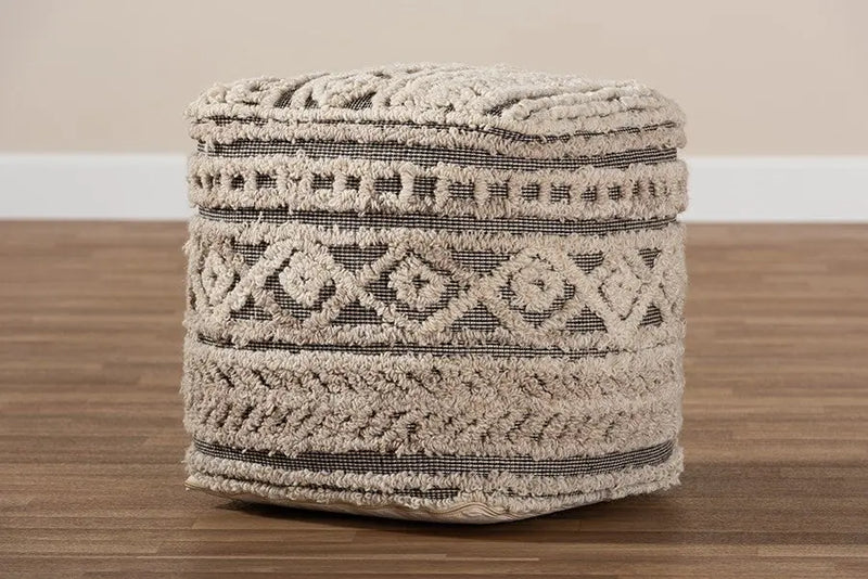 Ryan Moroccan Inspired Beige and Brown Handwoven Hemp Pouf Ottoman iHome Studio