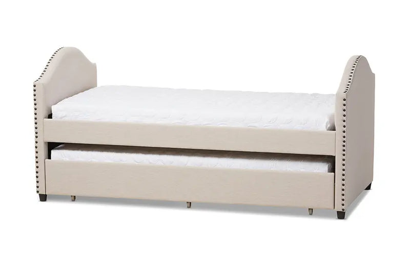 Sabrina Beige Fabric Upholstered Daybed w/Guest Trundle Bed iHome Studio