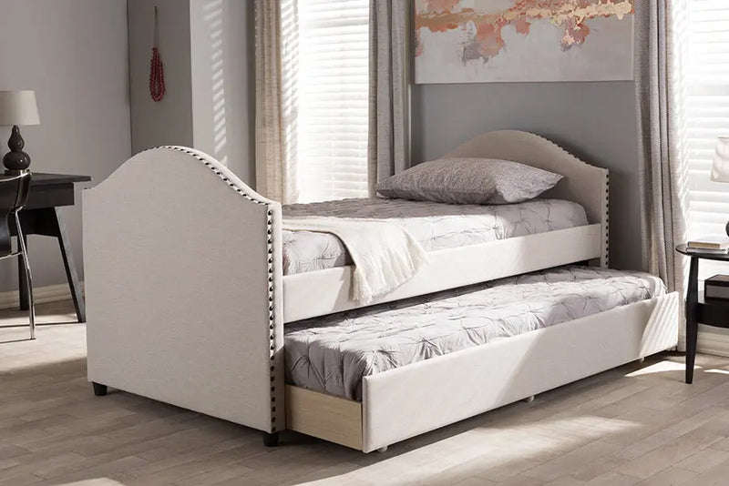 Sabrina Beige Fabric Upholstered Daybed w/Guest Trundle Bed iHome Studio