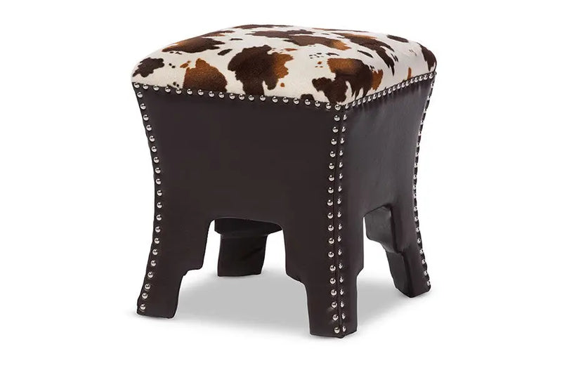 Sally Cow-print Patterned Fabric Brown Faux Leather Upholstered Accent Stool with Nail heads iHome Studio