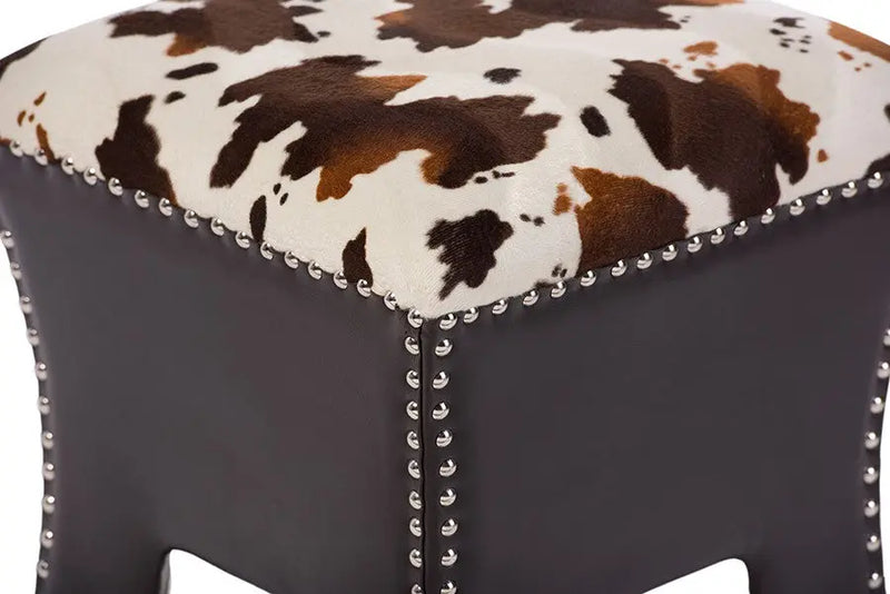 Sally Cow-print Patterned Fabric Brown Faux Leather Upholstered Accent Stool with Nail heads iHome Studio