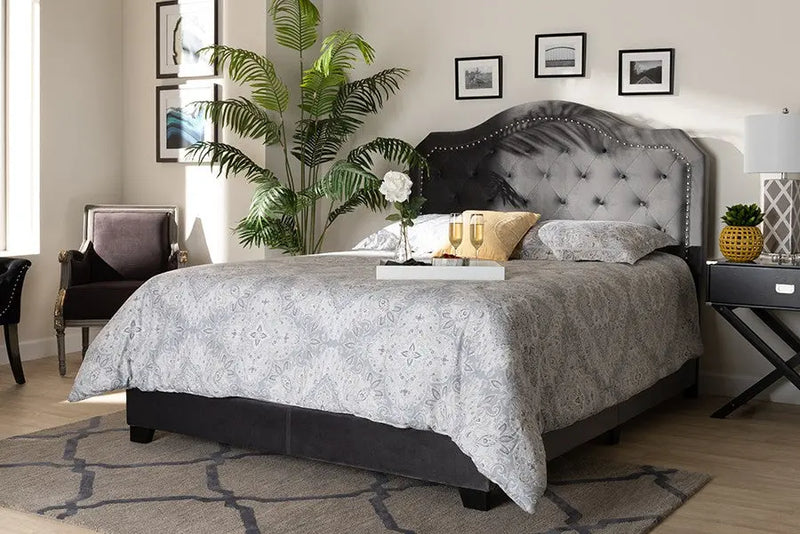 Samantha Grey Velvet Fabric Upholstered Button Tufted Bed (Queen) iHome Studio