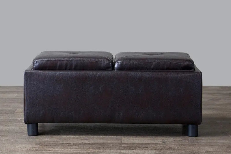 Samuel Ottoman Polyurethane-Coat Leather Upholstery Dark Brown w/Storage iHome Studio
