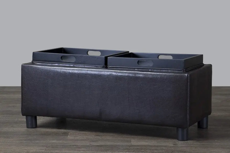 Samuel Ottoman Polyurethane-Coat Leather Upholstery Dark Brown w/Storage iHome Studio