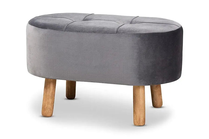 Sawyer Grey Velvet Fabric Upholstered Wood Ottoman iHome Studio