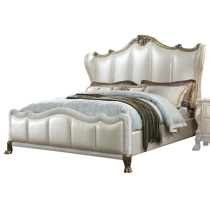 Scarlet California King Bed w/Arched Headboard and Footboard, Pearl White Faux Leather & Gold Patina iHome Studio
