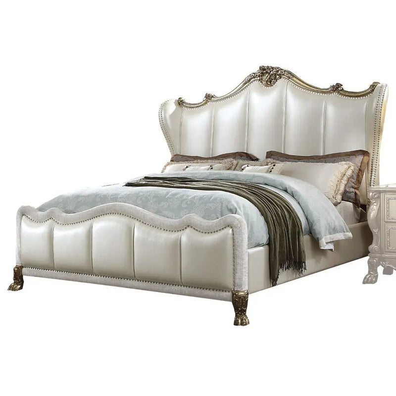 Scarlet King Bed w/Arched Headboard and Footboard, Pearl White Faux Leather & Gold Patina iHome Studio