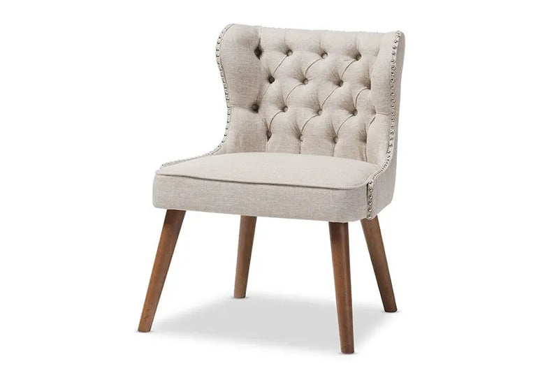 Scarlett Brown Wood & Light Beige Fabric Upholstered Button-Tufting 1-Seater Accent Chair iHome Studio
