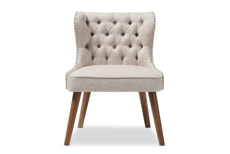 Scarlett Brown Wood & Light Beige Fabric Upholstered Button-Tufting 1-Seater Accent Chair iHome Studio