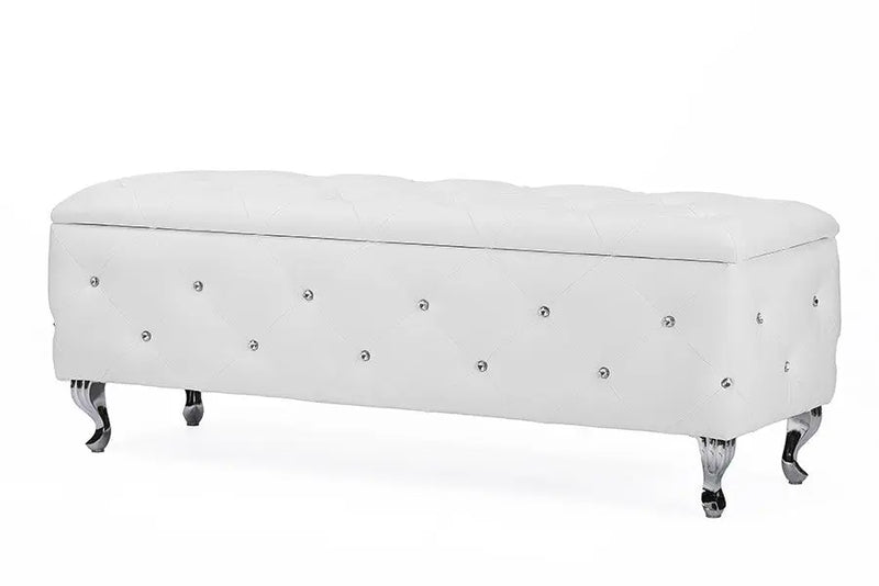 Seine White Leather Contemporary Storage Ottoman Bench iHome Studio