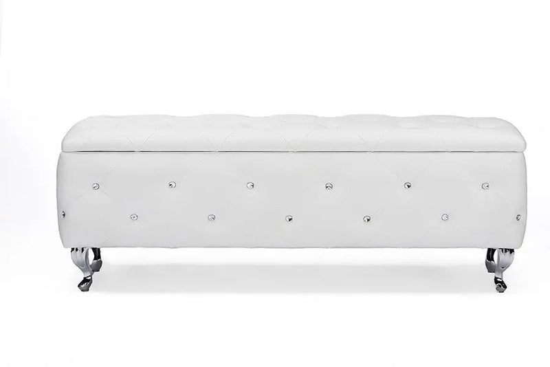Seine White Leather Contemporary Storage Ottoman Bench iHome Studio