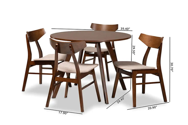 Sheffield Light Beige Fabric Upholstered/Walnut Brown Finished Wood 5pcs Dining Set, Round Table top iHome Studio