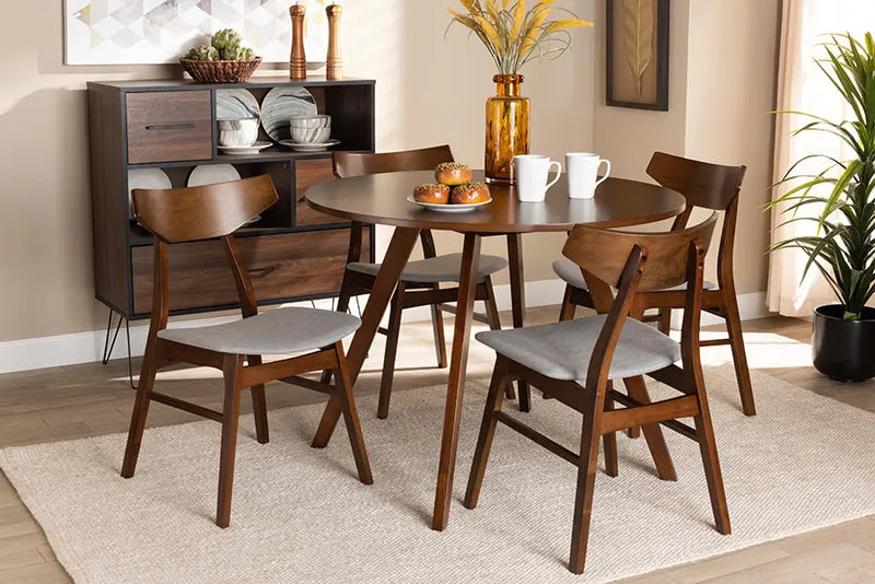 Sheffield Light Grey Fabric Upholstered/Walnut Brown Finished Wood 5pcs Dining Set, Round Table top iHome Studio