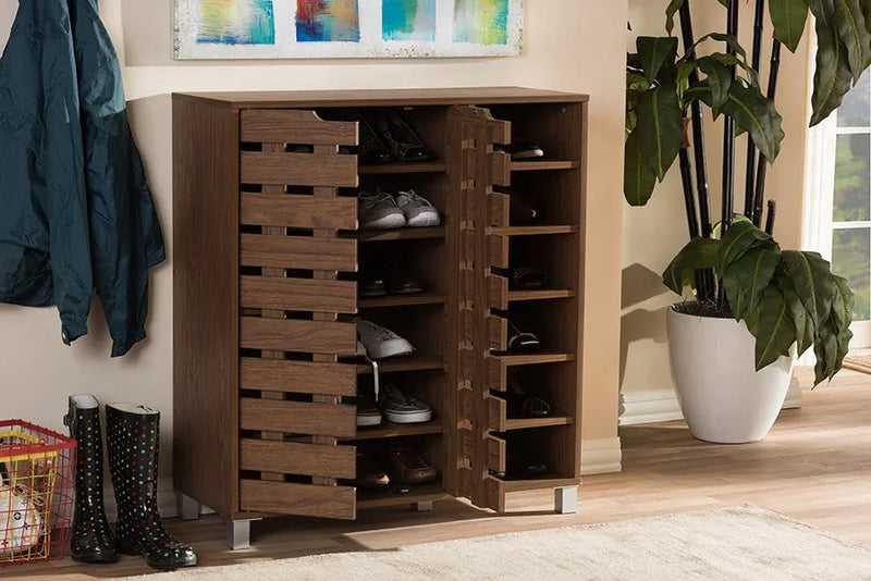 Shirley "Walnut" Medium Brown Wood 2-Door Shoe Cabinet with Open Shelves iHome Studio