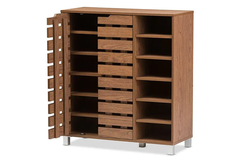 Shirley "Walnut" Medium Brown Wood 2-Door Shoe Cabinet with Open Shelves iHome Studio
