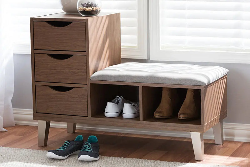 Shirley Walnut Wood 3-Drawer Shoe Storage Grey Fabric Upholstered Seating Bench w/Two Open Shelves iHome Studio