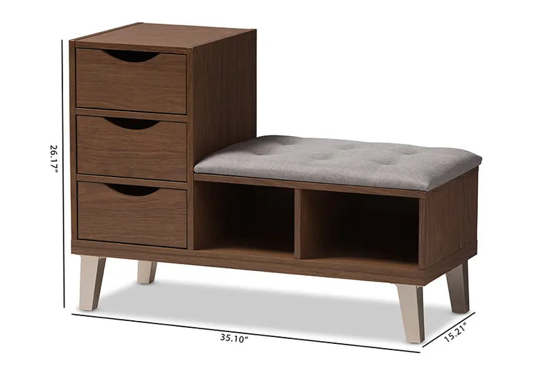 Shirley Walnut Wood 3-Drawer Shoe Storage Grey Fabric Upholstered Seating Bench w/Two Open Shelves iHome Studio