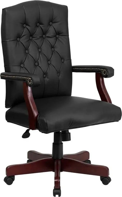 Silkeborg Black Button Tufted Leather Executive Swivel Chair w/Arms iHome Studio
