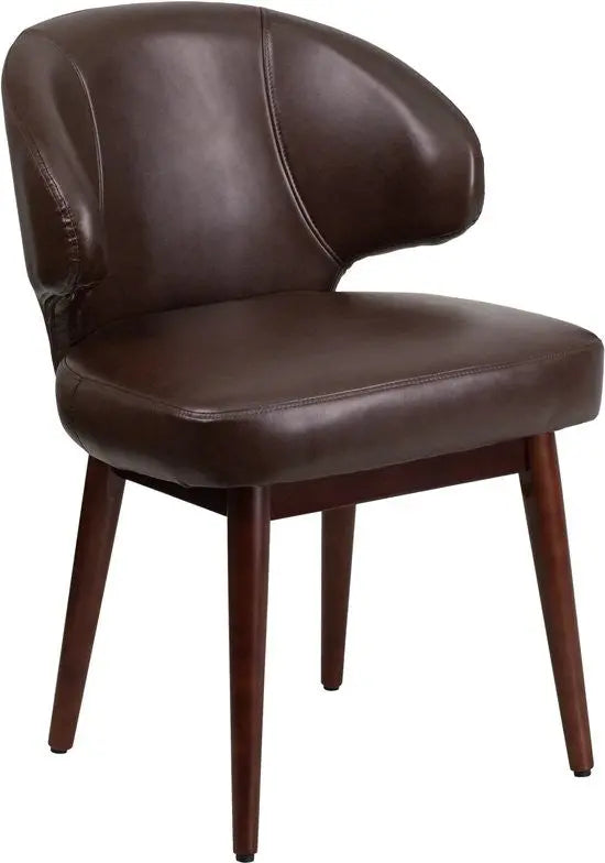 Silkeborg Curved Back Brown Leather Side Reception/Guest Chair w/Walnut Legs iHome Studio