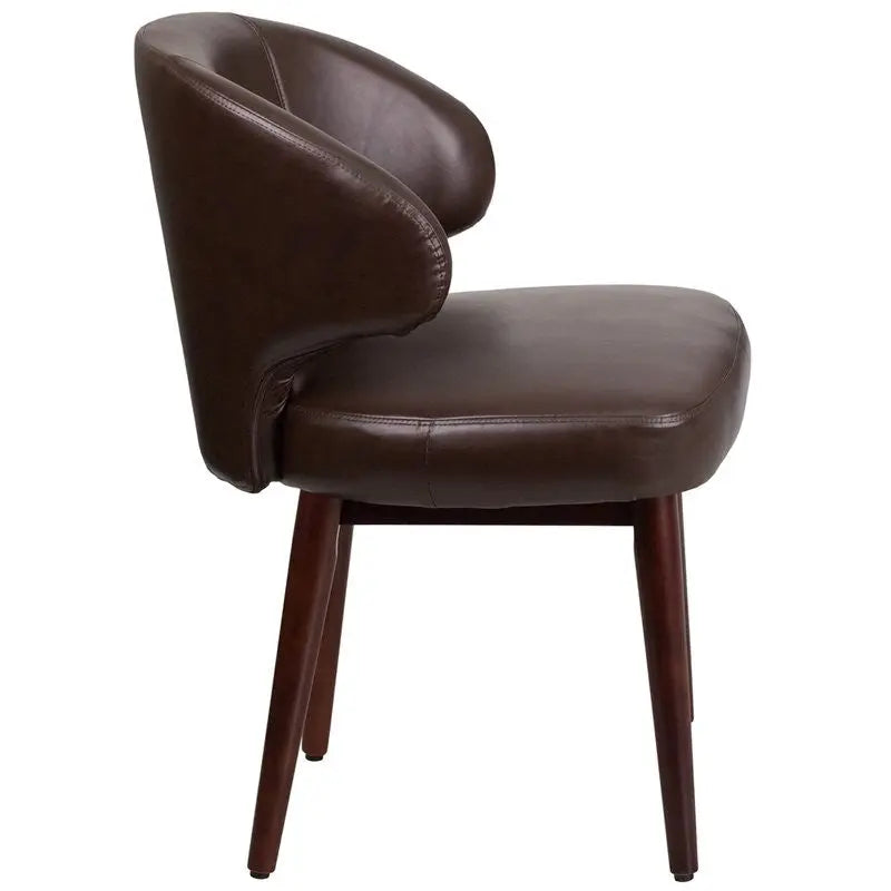 Silkeborg Curved Back Brown Leather Side Reception/Guest Chair w/Walnut Legs iHome Studio