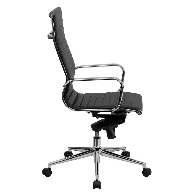 Silkeborg High-Back Black Ribbed Leather Executive Swivel Chair, Knee-Tilt, Arms iHome Studio