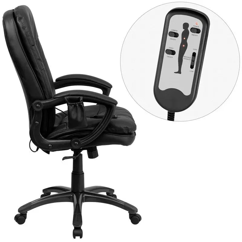 Silkeborg High-Back Massaging Black Leather Executive Swivel Chair w/Padded Arms iHome Studio