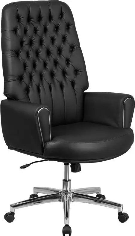 Silkeborg High-Back Tufted Black Leather Executive Swivel Chair w/Arms iHome Studio