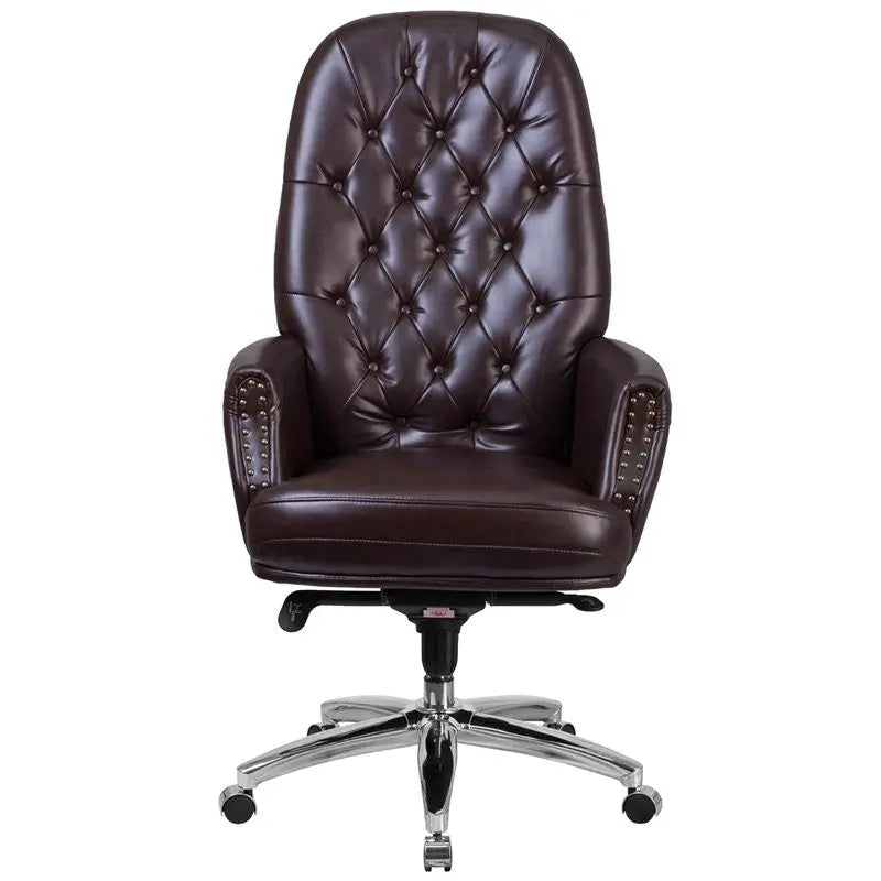 Silkeborg High-Back Tufted Brown Leather Executive Swivel Chair w/Arms iHome Studio