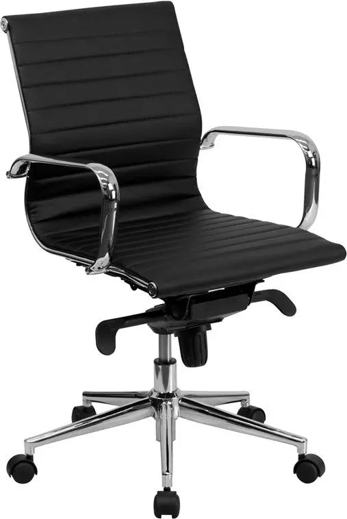 Silkeborg Mid-Back Black Ribbed Leather Swivel Conference Chair, Knee-Tilt, Arms iHome Studio