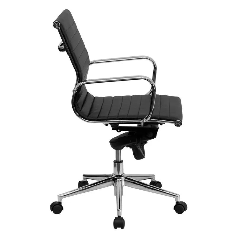 Silkeborg Mid-Back Black Ribbed Leather Swivel Conference Chair, Knee-Tilt, Arms iHome Studio