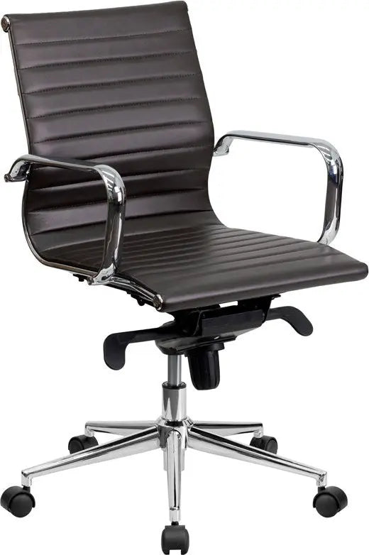Silkeborg Mid-Back Brown Ribbed Leather Swivel Conference Chair, Knee-Tilt, Arms iHome Studio