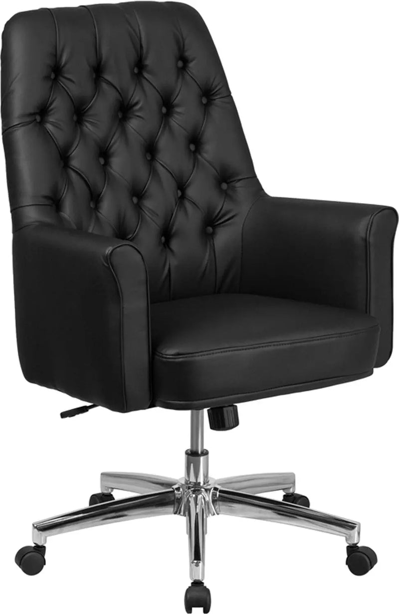 Silkeborg Mid-Back Tufted Black Leather Executive Swivel Chair w/Arms iHome Studio