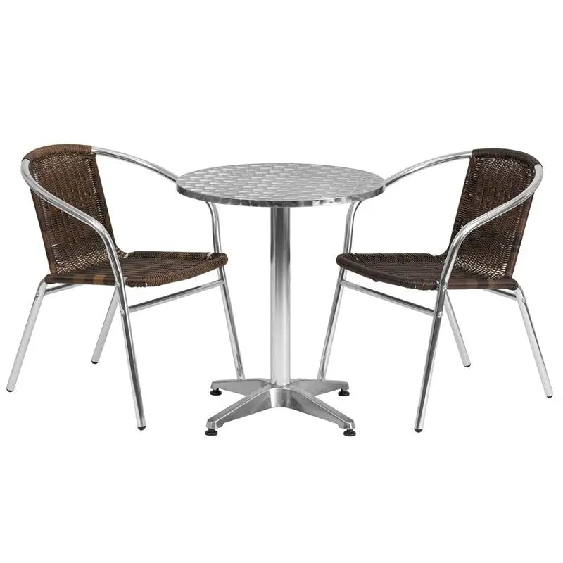 Skovde 3pcs Round 23.5'' Aluminum Table w/2 Dark Brown Rattan Chairs iHome Studio