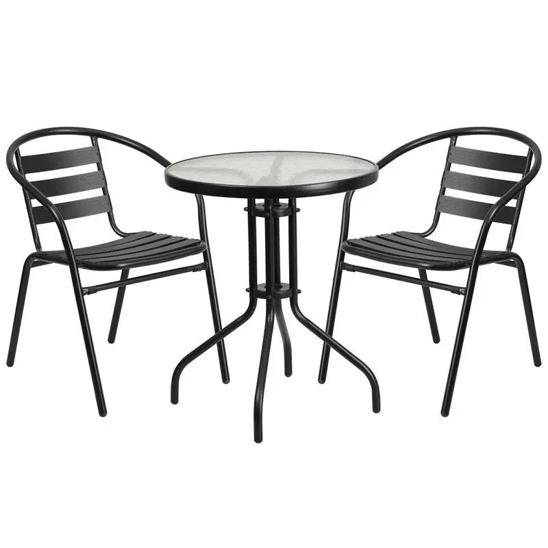 Skovde 3pcs Round 23.75'' Glass Metal Table w/2 Black Stack Chairs iHome Studio