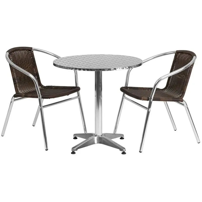 Skovde 3pcs Round 27.5'' Aluminum Table w/2 Dark Brown Rattan Chairs iHome Studio