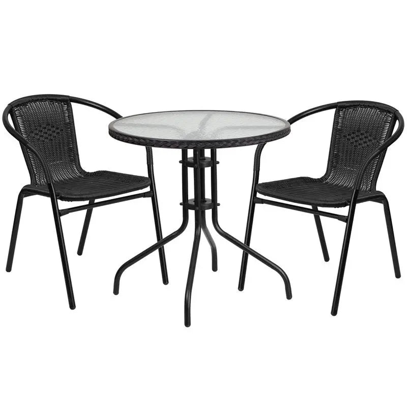 Skovde 3pcs Round 28'' Glass Metal Table w/2 Black Rattan Stack Chairs iHome Studio