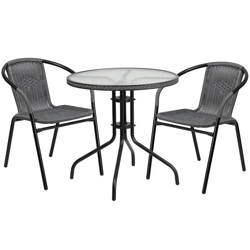 Skovde 3pcs Round 28'' Glass Metal Table w/2 Gray Rattan Stack Chairs iHome Studio