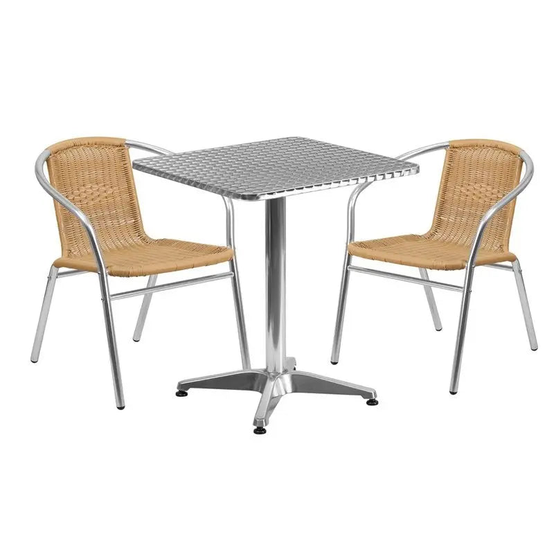 Skovde 3pcs Square 23.5'' Aluminum Table w/2 Beige Rattan Chairs iHome Studio