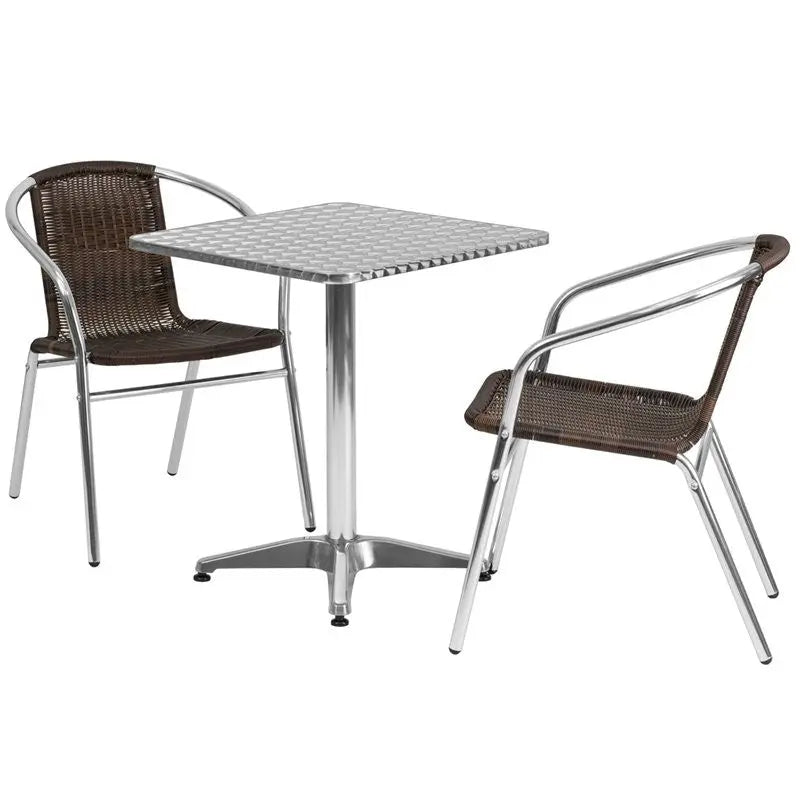 Skovde 3pcs Square 23.5'' Aluminum Table w/2 Dark Brown Rattan Chairs iHome Studio