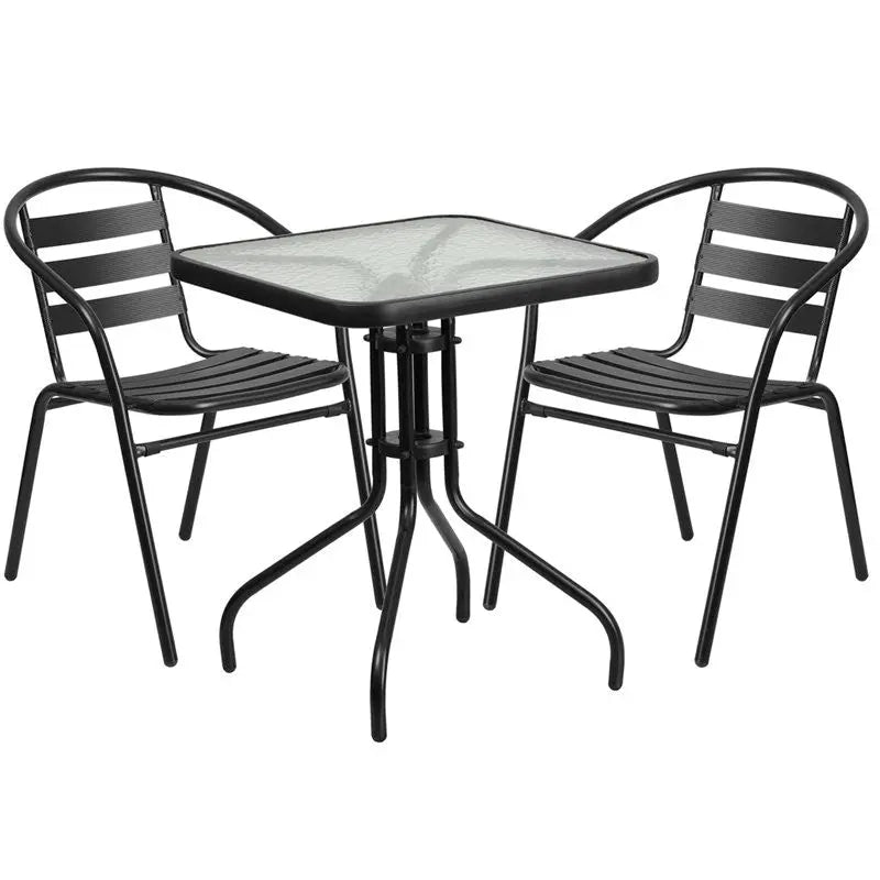 Skovde 3pcs Square 23.5'' Glass Metal Table w/2 Black Stack Chairs iHome Studio