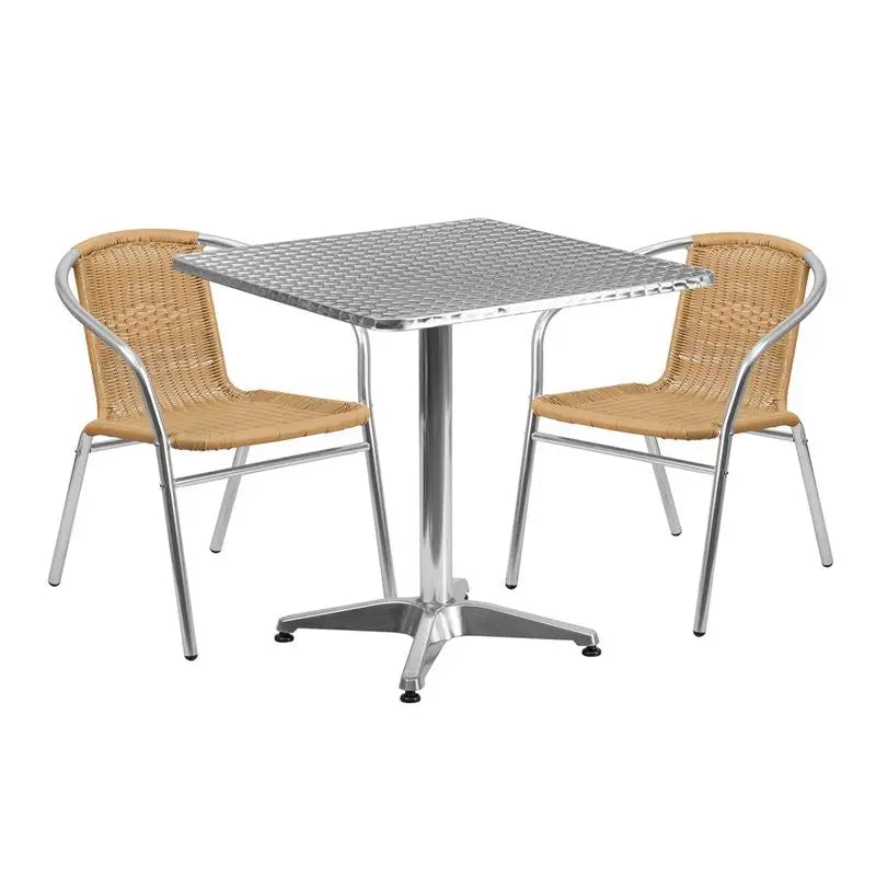 Skovde 3pcs Square 27.5'' Aluminum Table w/2 Beige Rattan Chairs iHome Studio
