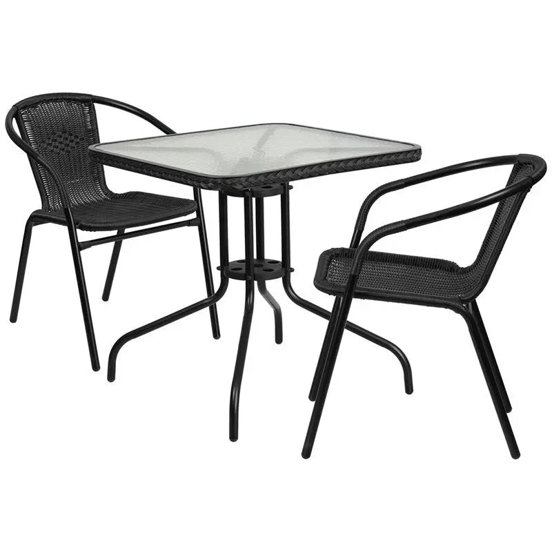 Skovde 3pcs Square 28'' Glass Metal Table w/2 Black Rattan Stack Chairs iHome Studio