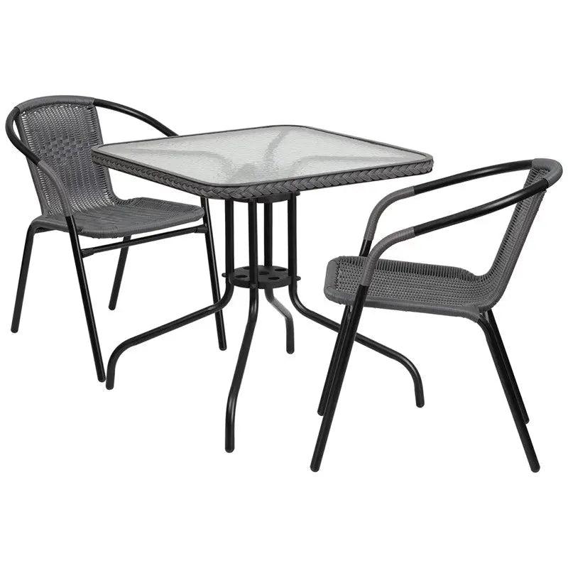 Skovde 3pcs Square 28'' Glass Metal Table w/2 Gray Rattan Stack Chairs iHome Studio