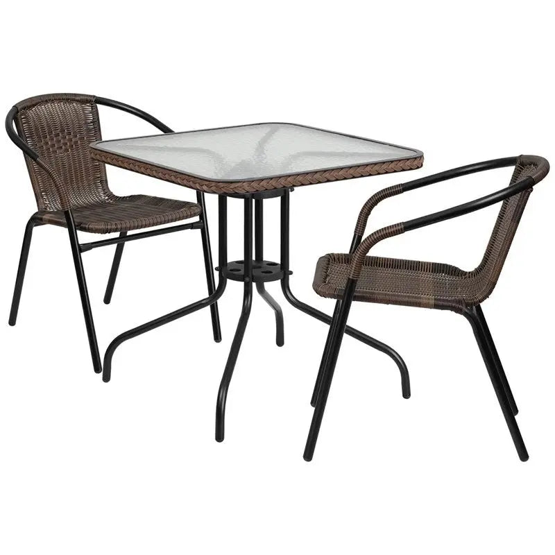 Skovde 3pcs Square 28'' Glass Metal Table w/2 Rattan Stack Chairs iHome Studio